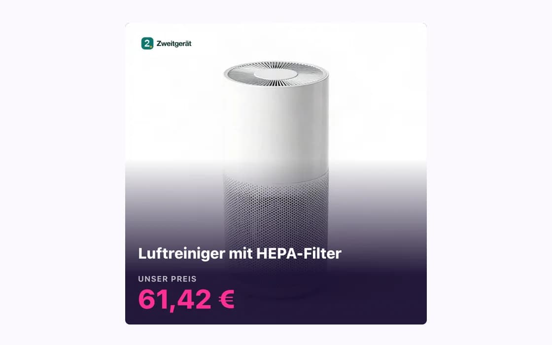 Bildschirmfoto: fertiger Instagram-Beitrag im Quadrat – Produktfoto, Händlerlogo, Artikelname und Preis.